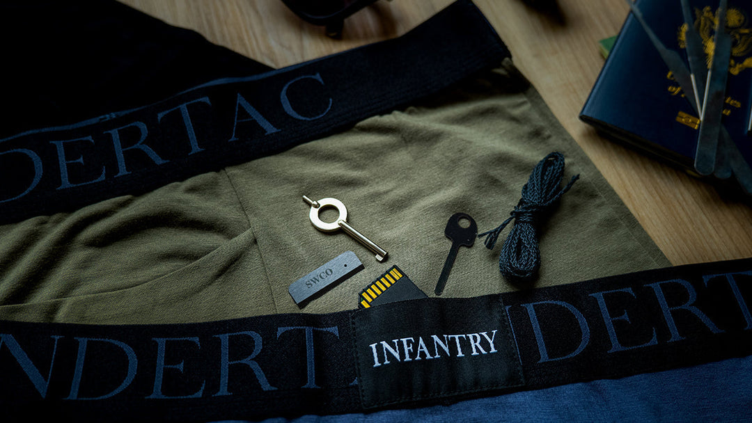 Undertac Infantry Escape & Evasion Pocket with discreet emergency kit including cash, escape tools, and Kevlar cord.