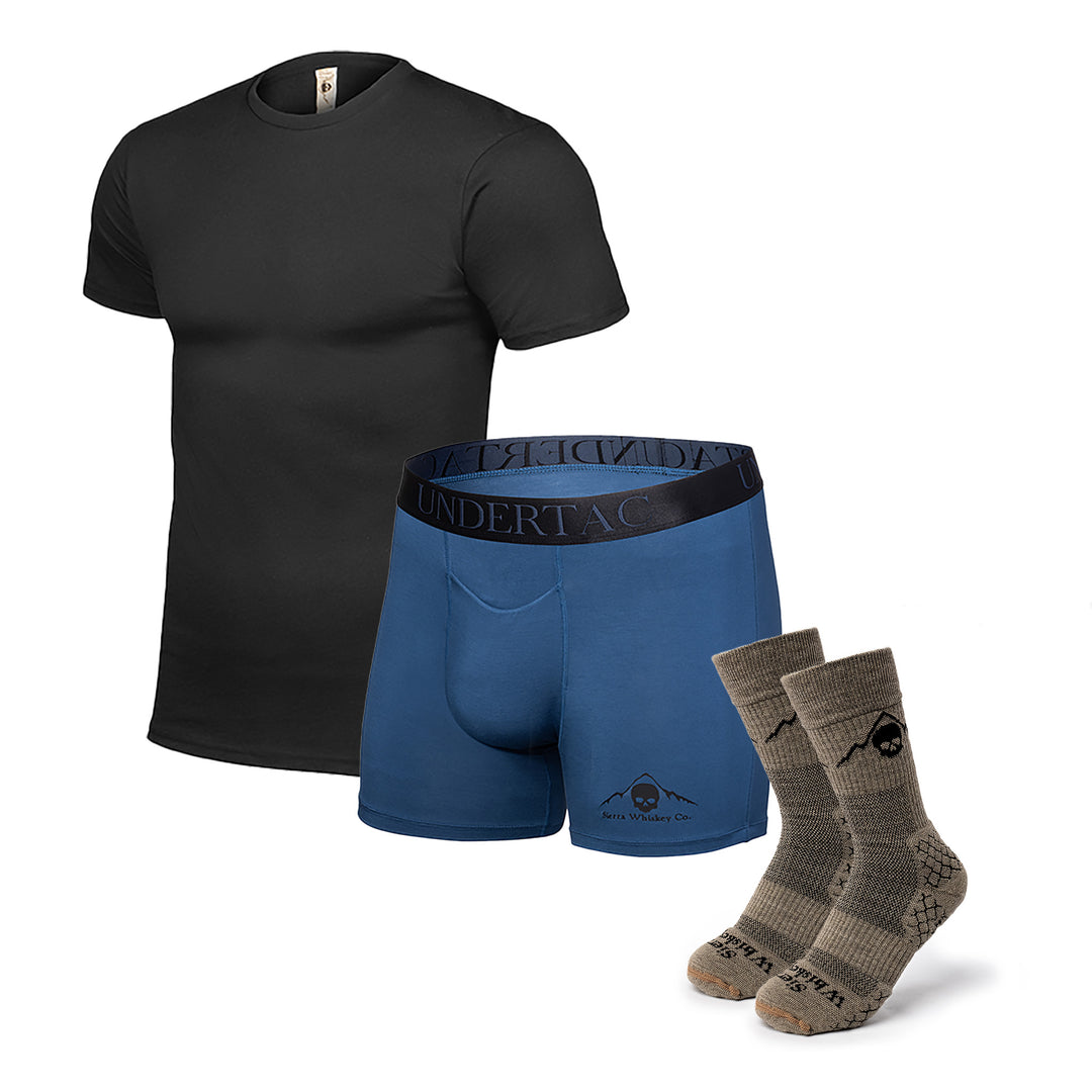 Sierra Whiskey Co. Field Operator Bundle with black EDC Tee, Seal Blue Infantry Boxer Briefs, and Greyman Grey Exfil Boot Socks.