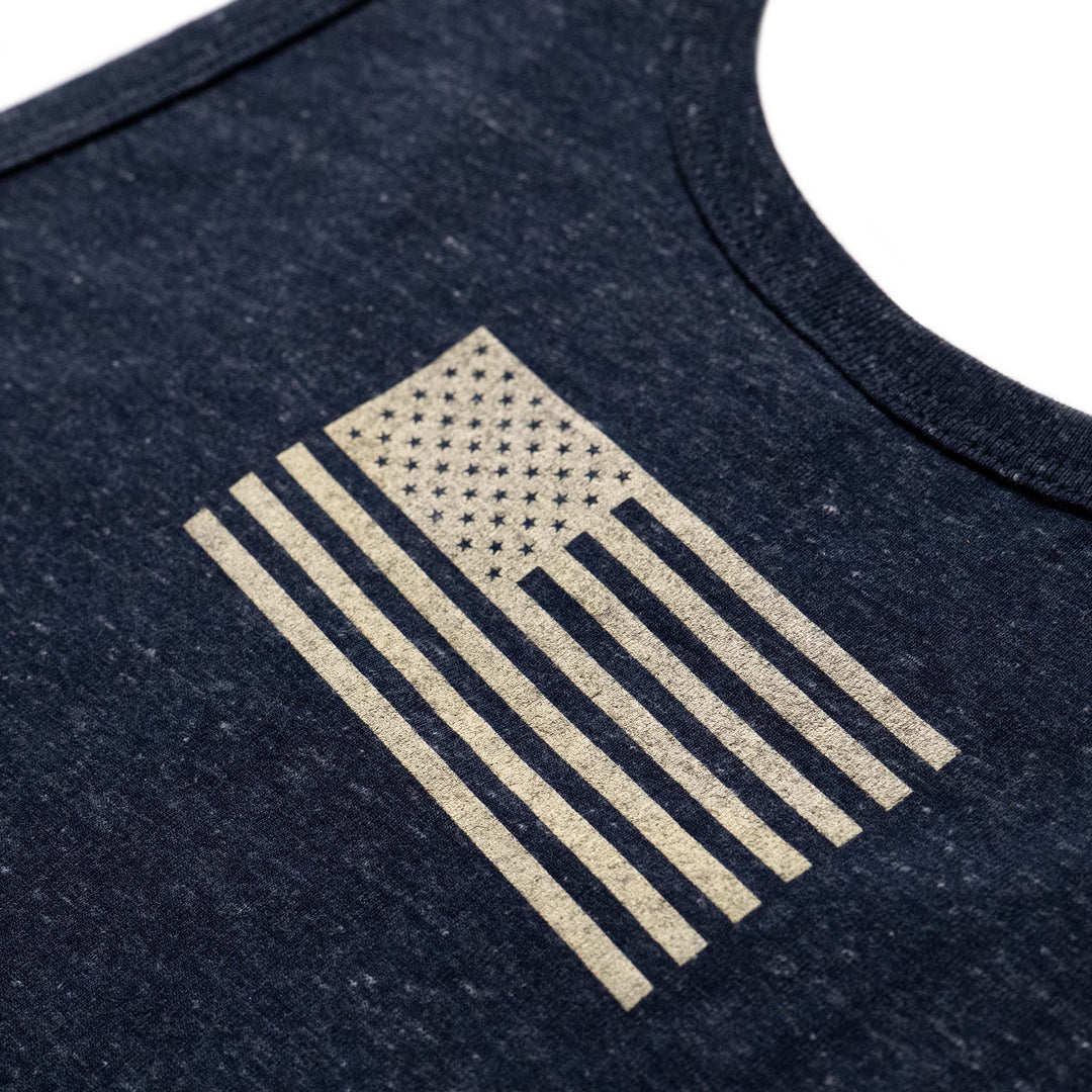 Sierra Whiskey Co Logo Tank Navy Heather American Flag Detail