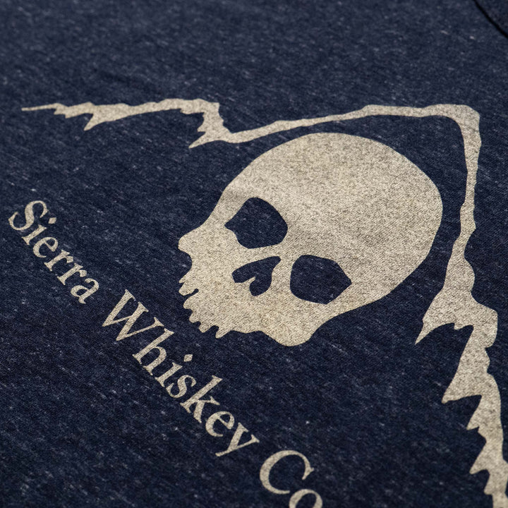 Sierra Whiskey Co Logo Tank Navy Heather Skull Logo Detail